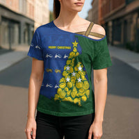 Solomon Islands Christmas Cross Shoulder Shirt Seashell Xmas Tree Tribal Waves - Polynesian Pride