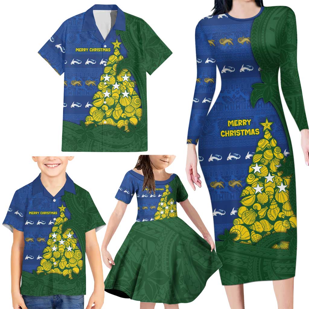 Solomon Islands Christmas Family Matching Long Sleeve Bodycon Dress and Hawaiian Shirt Seashell Xmas Tree Tribal Waves DT05 - Polynesian Pride