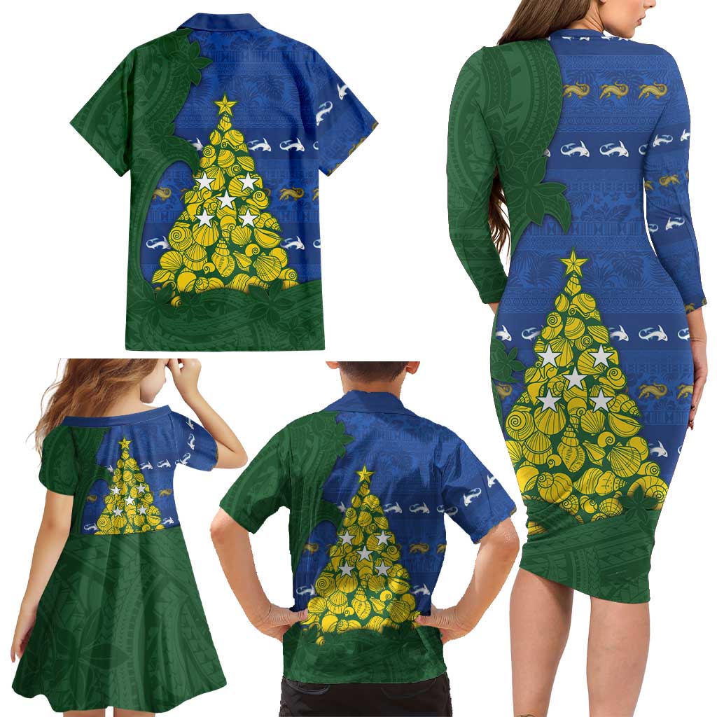 Solomon Islands Christmas Family Matching Long Sleeve Bodycon Dress and Hawaiian Shirt Seashell Xmas Tree Tribal Waves DT05 - Polynesian Pride