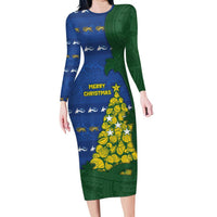 Solomon Islands Christmas Family Matching Long Sleeve Bodycon Dress and Hawaiian Shirt Seashell Xmas Tree Tribal Waves DT05 Mom's Dress Navy - Polynesian Pride