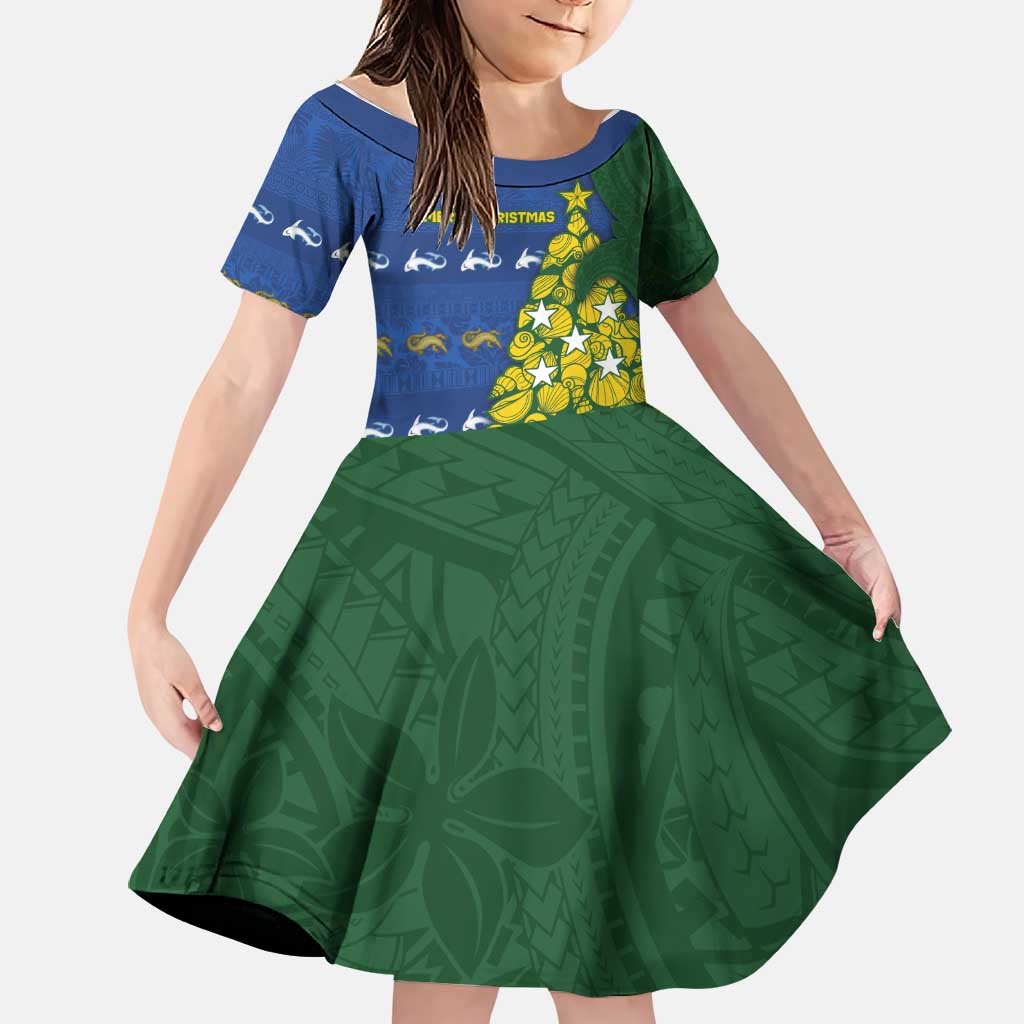 Solomon Islands Christmas Family Matching Mermaid Dress and Hawaiian Shirt Seashell Xmas Tree Tribal Waves DT05 Daughter's Dress Navy - Polynesian Pride