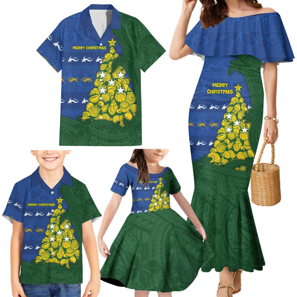 Solomon Islands Christmas Family Matching Mermaid Dress and Hawaiian Shirt Seashell Xmas Tree Tribal Waves DT05 - Polynesian Pride