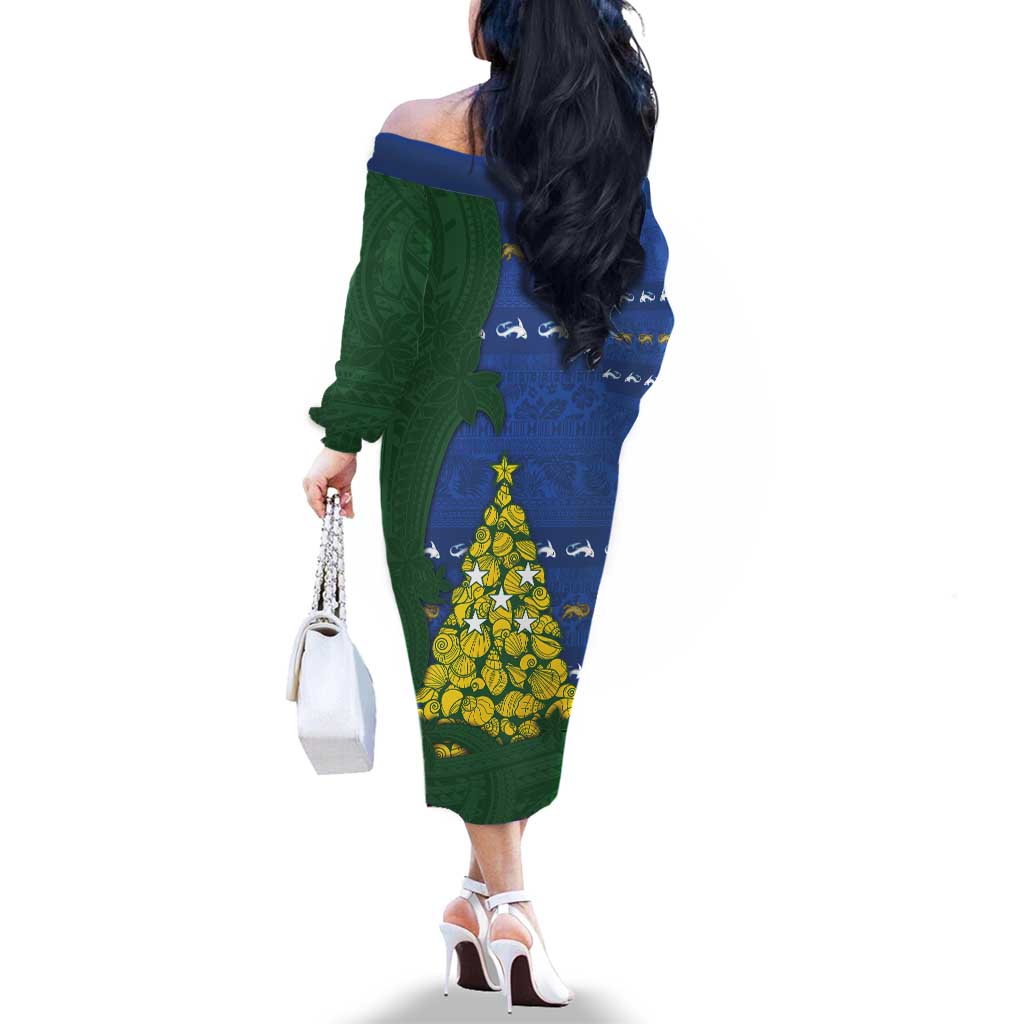 Solomon Islands Christmas Family Matching Off The Shoulder Long Sleeve Dress and Hawaiian Shirt Seashell Xmas Tree Tribal Waves DT05 - Polynesian Pride
