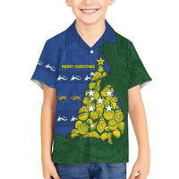 Solomon Islands Christmas Family Matching Off The Shoulder Long Sleeve Dress and Hawaiian Shirt Seashell Xmas Tree Tribal Waves DT05 Son's Shirt Navy - Polynesian Pride