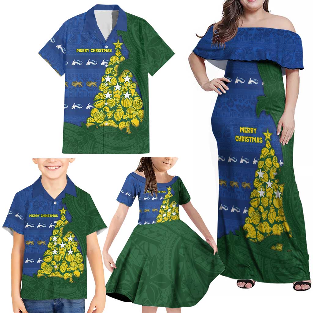 Solomon Islands Christmas Family Matching Off Shoulder Maxi Dress and Hawaiian Shirt Seashell Xmas Tree Tribal Waves DT05 - Polynesian Pride