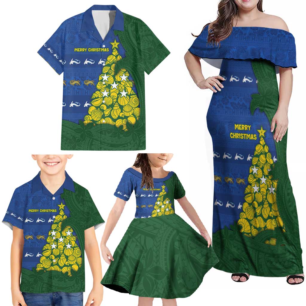 Solomon Islands Christmas Family Matching Off Shoulder Maxi Dress and Hawaiian Shirt Seashell Xmas Tree Tribal Waves - Polynesian Pride