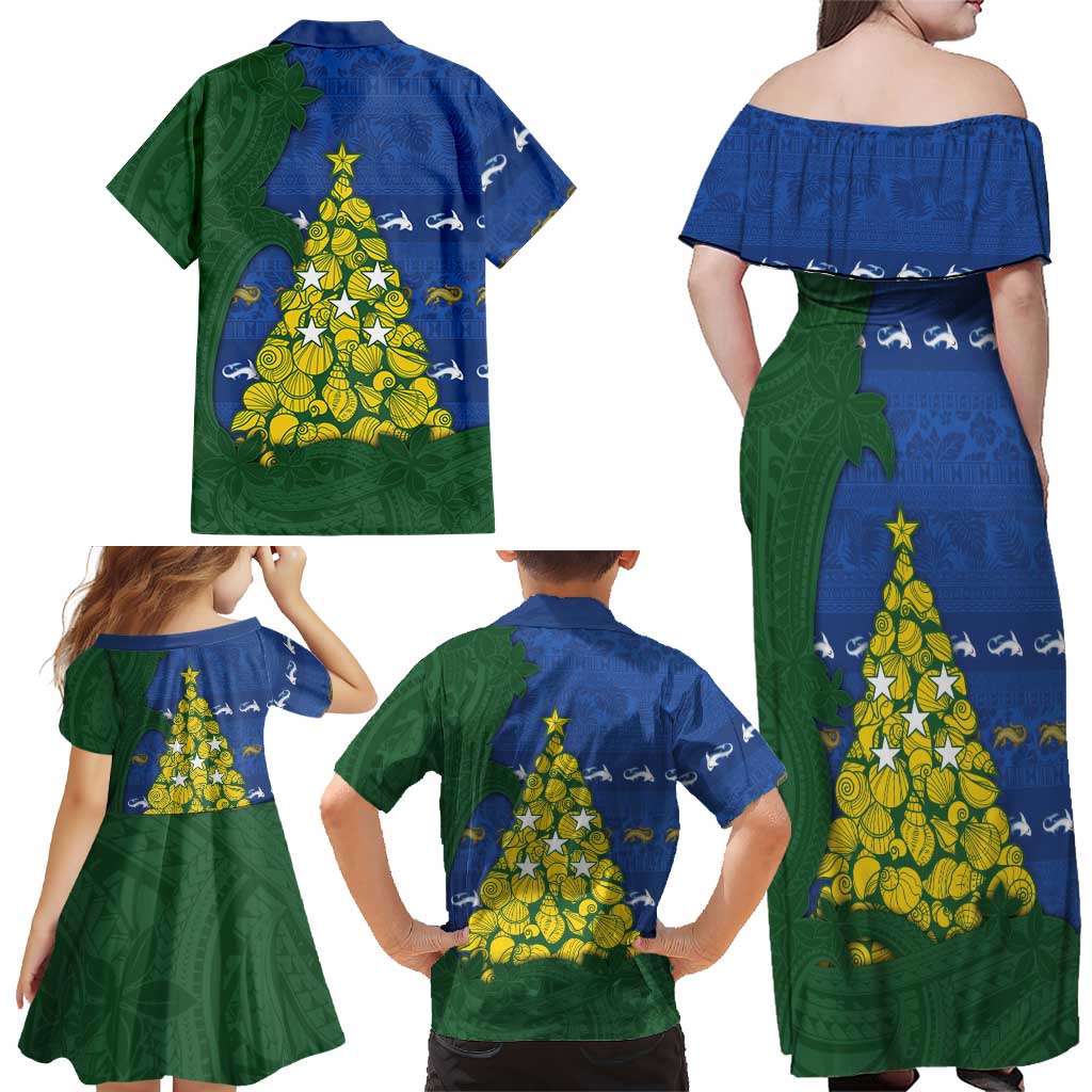 Solomon Islands Christmas Family Matching Off Shoulder Maxi Dress and Hawaiian Shirt Seashell Xmas Tree Tribal Waves DT05 - Polynesian Pride