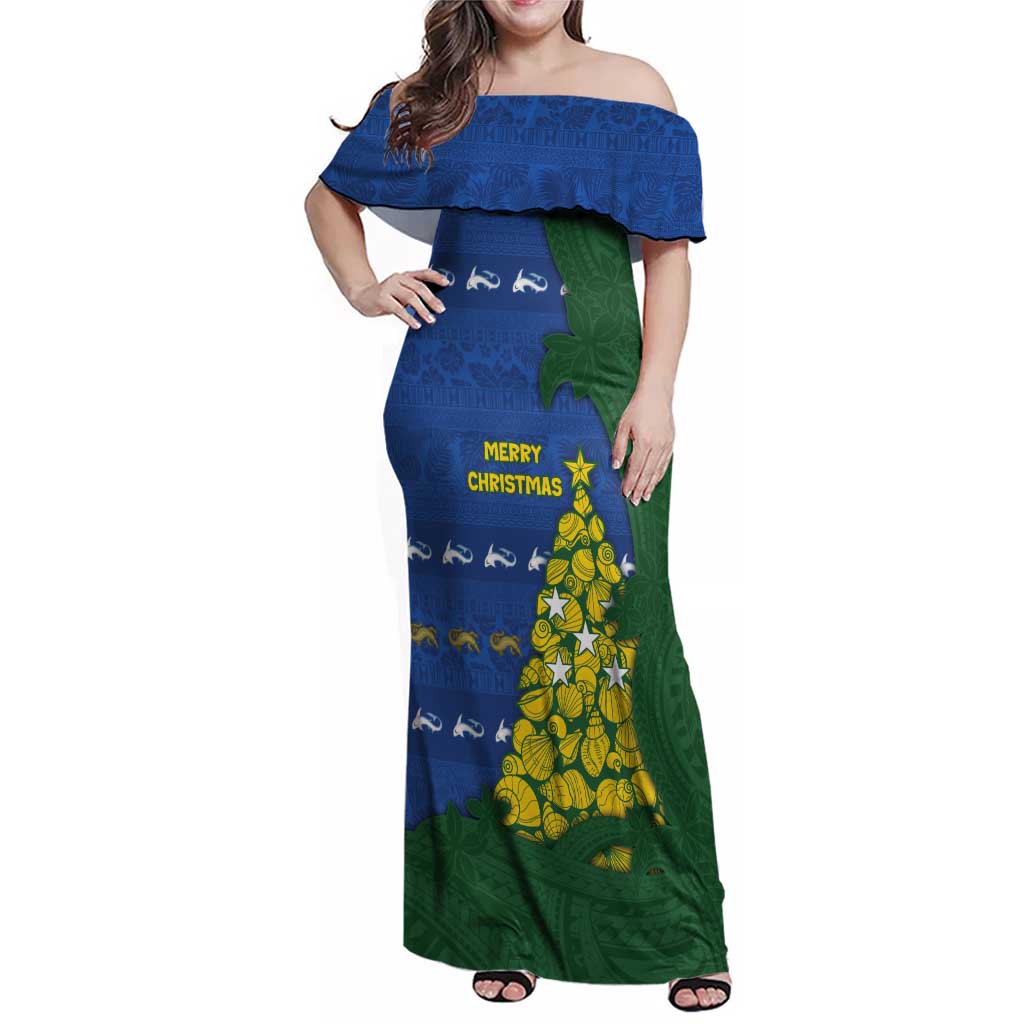 Solomon Islands Christmas Family Matching Off Shoulder Maxi Dress and Hawaiian Shirt Seashell Xmas Tree Tribal Waves DT05 Mom's Dress Navy - Polynesian Pride