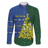 Solomon Islands Christmas Family Matching Off Shoulder Short Dress and Hawaiian Shirt Seashell Xmas Tree Tribal Waves - Polynesian Pride