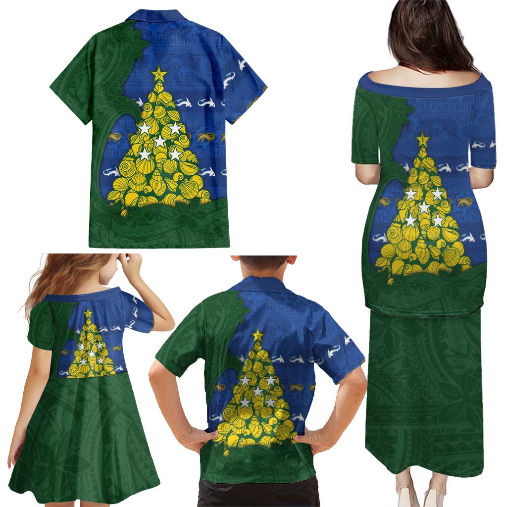 Solomon Islands Christmas Family Matching Puletasi and Hawaiian Shirt Seashell Xmas Tree Tribal Waves - Polynesian Pride