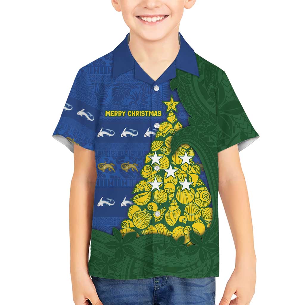 Solomon Islands Christmas Family Matching Short Sleeve Bodycon Dress and Hawaiian Shirt Seashell Xmas Tree Tribal Waves DT05 Son's Shirt Navy - Polynesian Pride