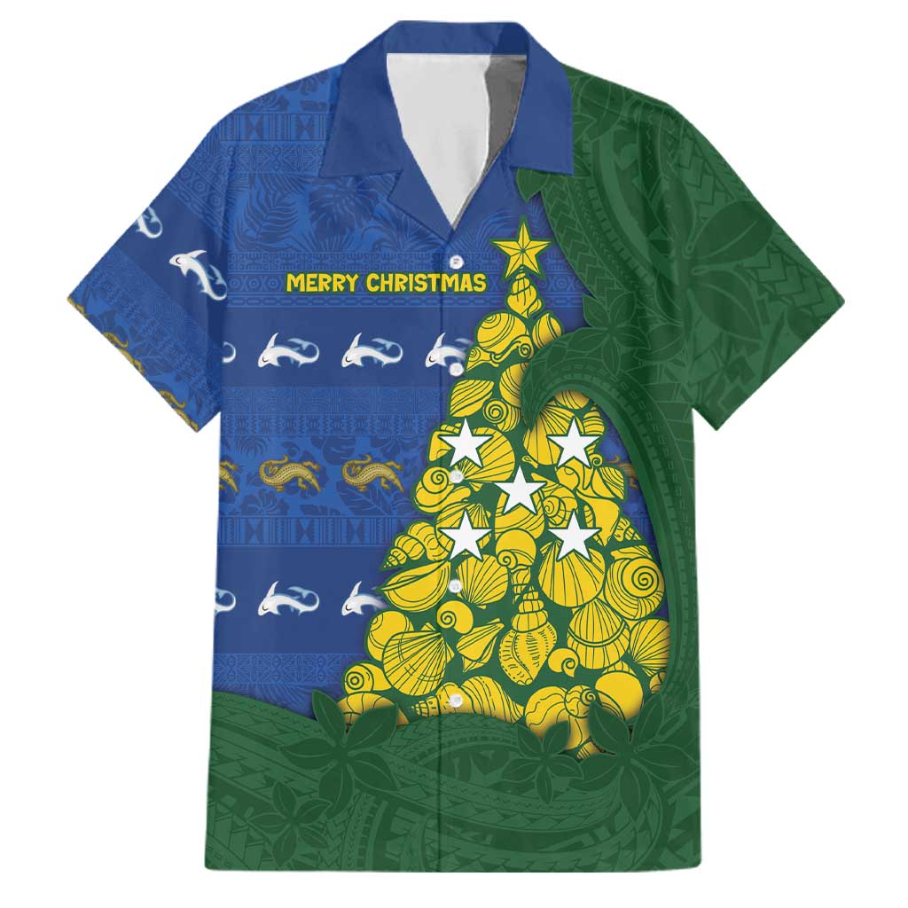 Solomon Islands Christmas Family Matching Summer Maxi Dress and Hawaiian Shirt Seashell Xmas Tree Tribal Waves DT05 Dad's Shirt - Short Sleeve Navy - Polynesian Pride