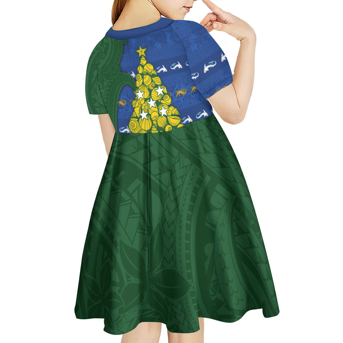 Solomon Islands Christmas Kid Short Sleeve Dress Seashell Xmas Tree Tribal Waves - Polynesian Pride