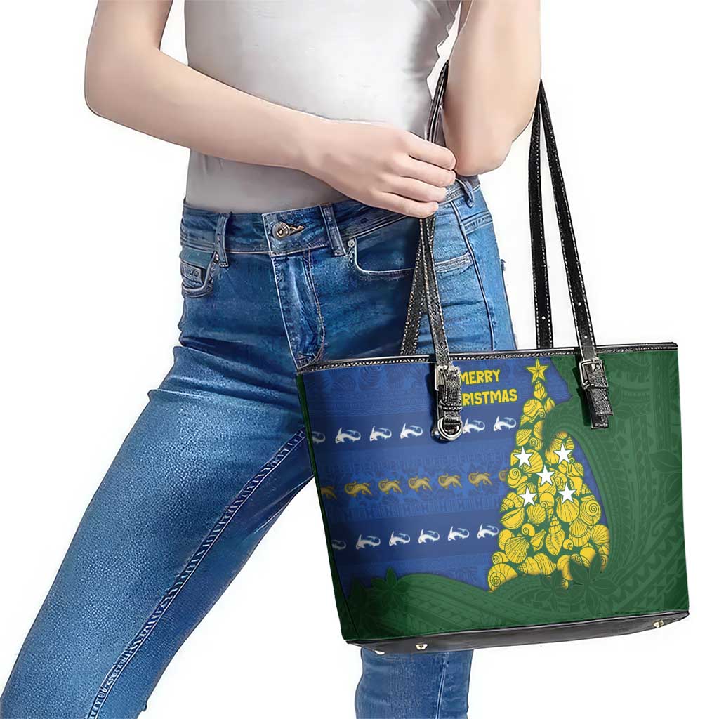 Solomon Islands Christmas Leather Tote Bag Seashell Xmas Tree Tribal Waves - Polynesian Pride