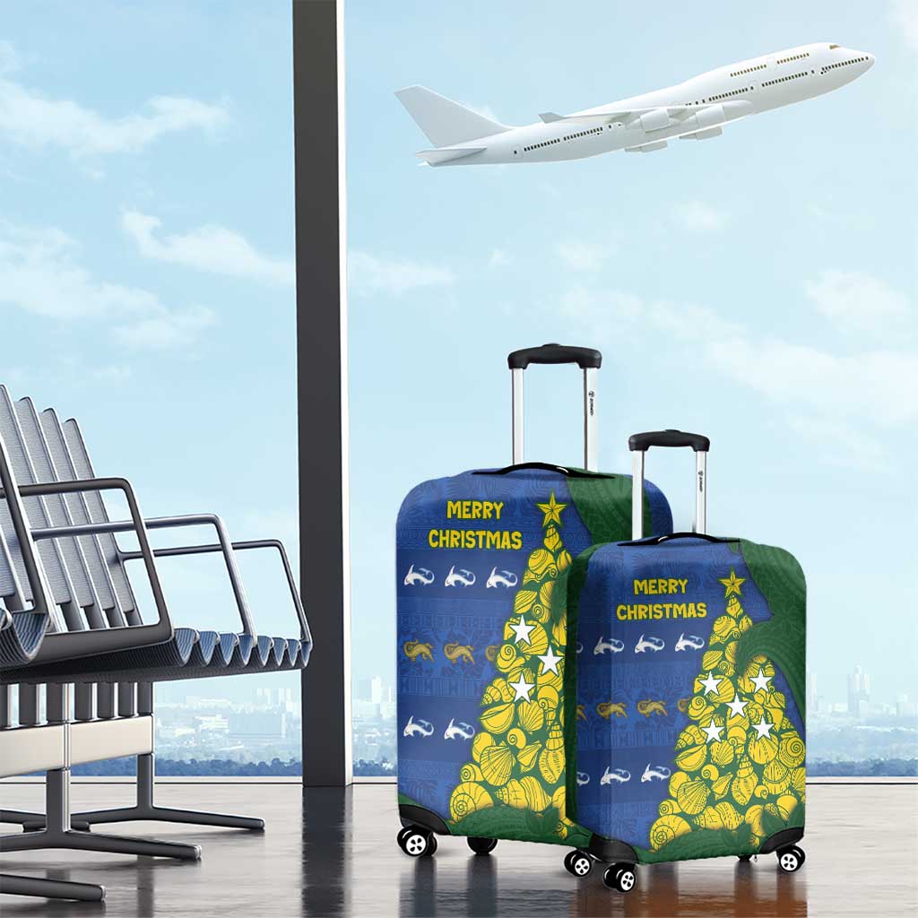 Solomon Islands Christmas Luggage Cover Seashell Xmas Tree Tribal Waves - Polynesian Pride