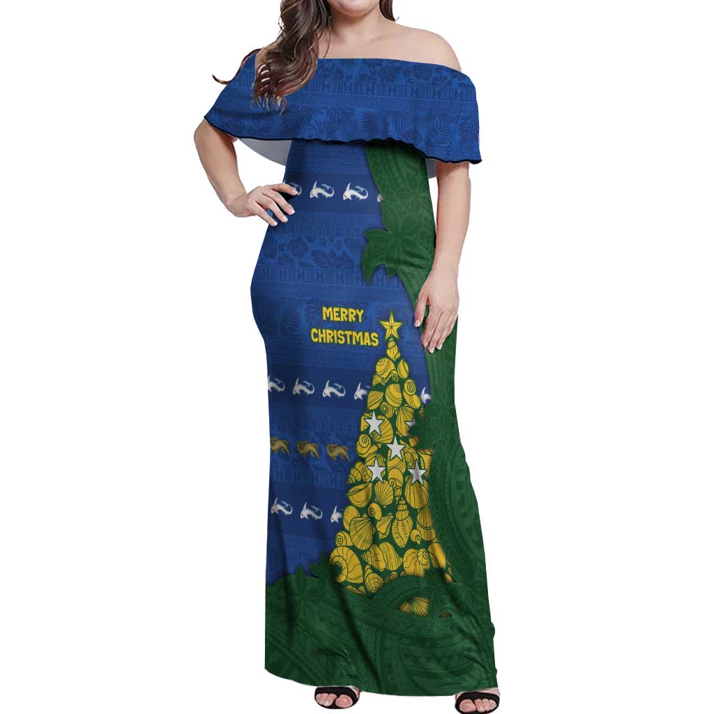 Solomon Islands Christmas Off Shoulder Maxi Dress Seashell Xmas Tree Tribal Waves - Polynesian Pride