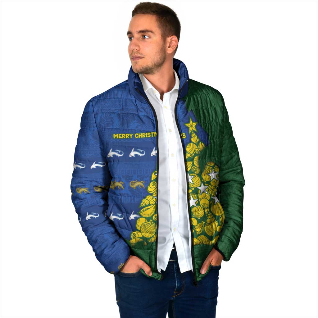 Solomon Islands Christmas Padded Jacket Seashell Xmas Tree Tribal Waves - Polynesian Pride