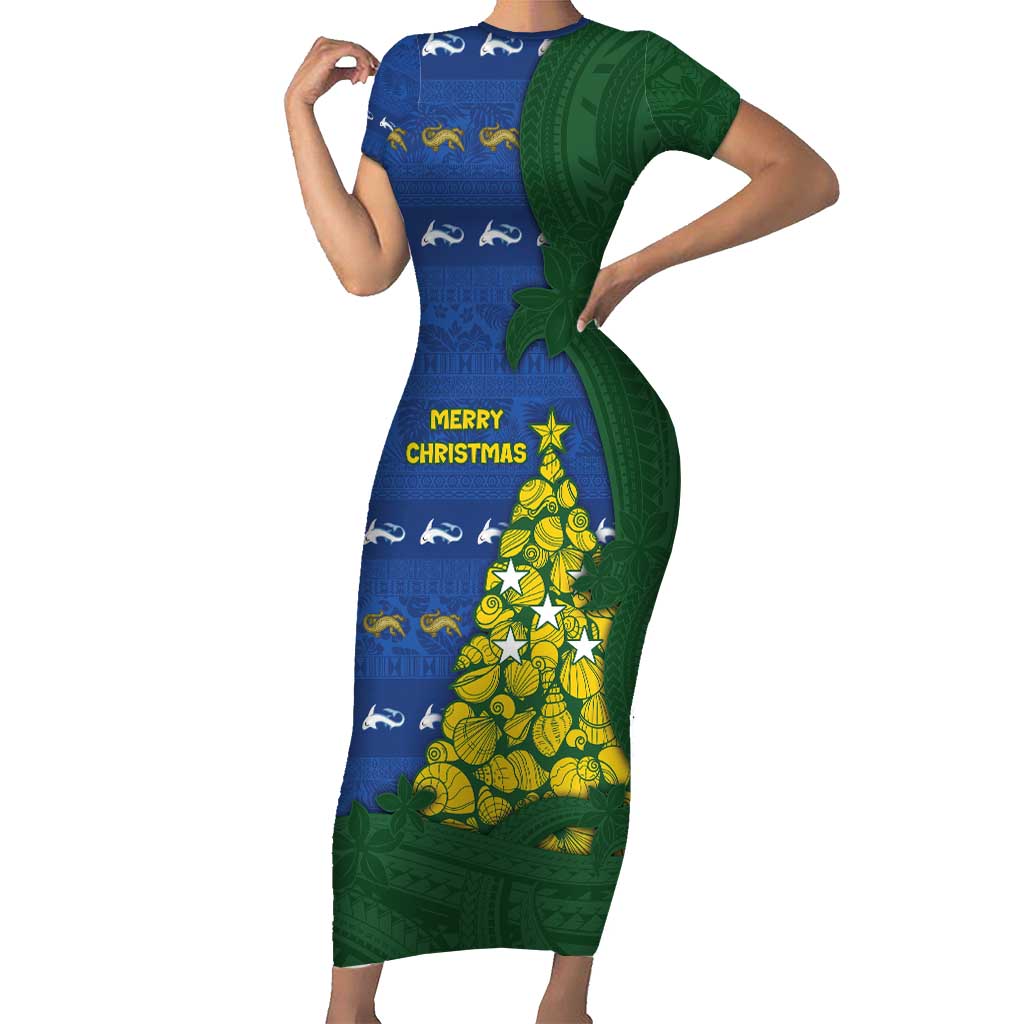 Solomon Islands Christmas Short Sleeve Bodycon Dress Seashell Xmas Tree Tribal Waves - Polynesian Pride