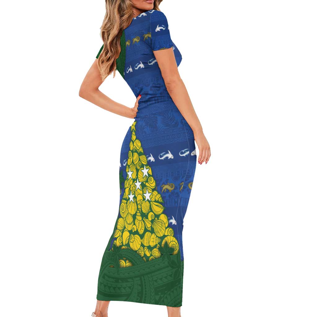Solomon Islands Christmas Short Sleeve Bodycon Dress Seashell Xmas Tree Tribal Waves - Polynesian Pride