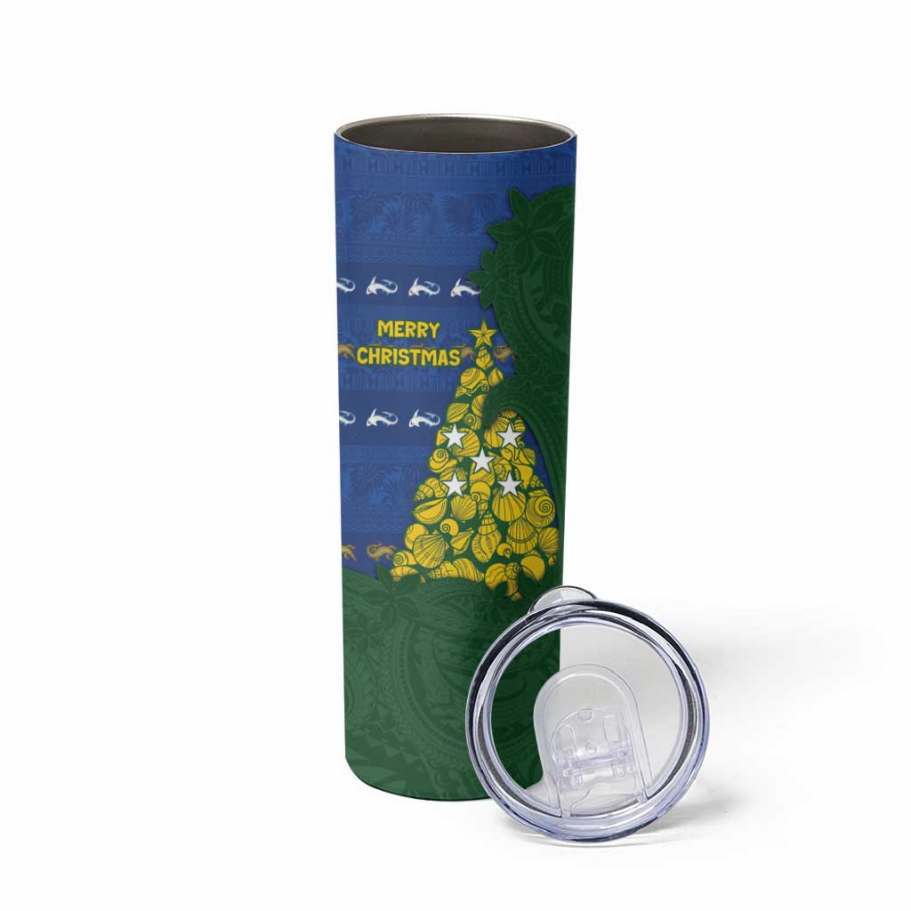 Solomon Islands Christmas Skinny Tumbler Seashell Xmas Tree Tribal Waves - Polynesian Pride