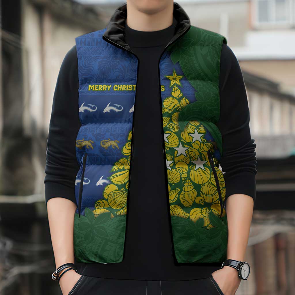 Solomon Islands Christmas Sleeveless Puffer Jacket Seashell Xmas Tree Tribal Waves - Polynesian Pride