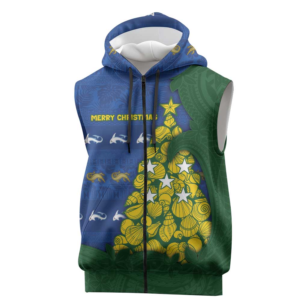 Solomon Islands Christmas Sleeveless Zip Hoodie Seashell Xmas Tree Tribal Waves - Polynesian Pride