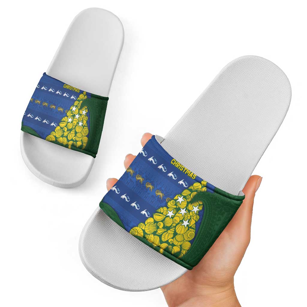 Solomon Islands Christmas Slide Sandals Seashell Xmas Tree Tribal Waves - Polynesian Pride