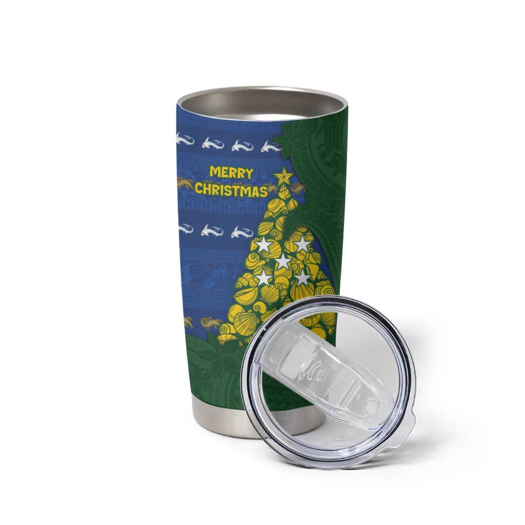 Solomon Islands Christmas Tumbler Cup Seashell Xmas Tree Tribal Waves - Polynesian Pride