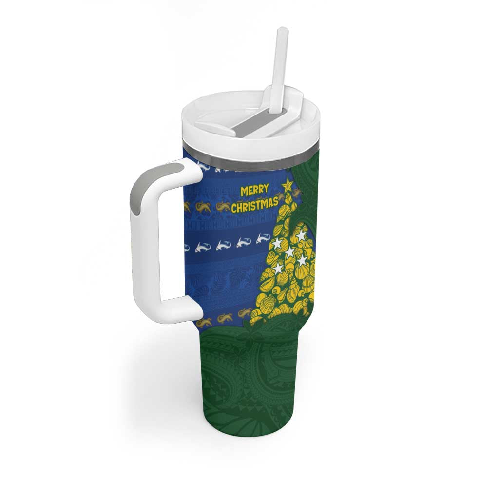 Solomon Islands Christmas Tumbler With Handle Seashell Xmas Tree Tribal Waves - Polynesian Pride