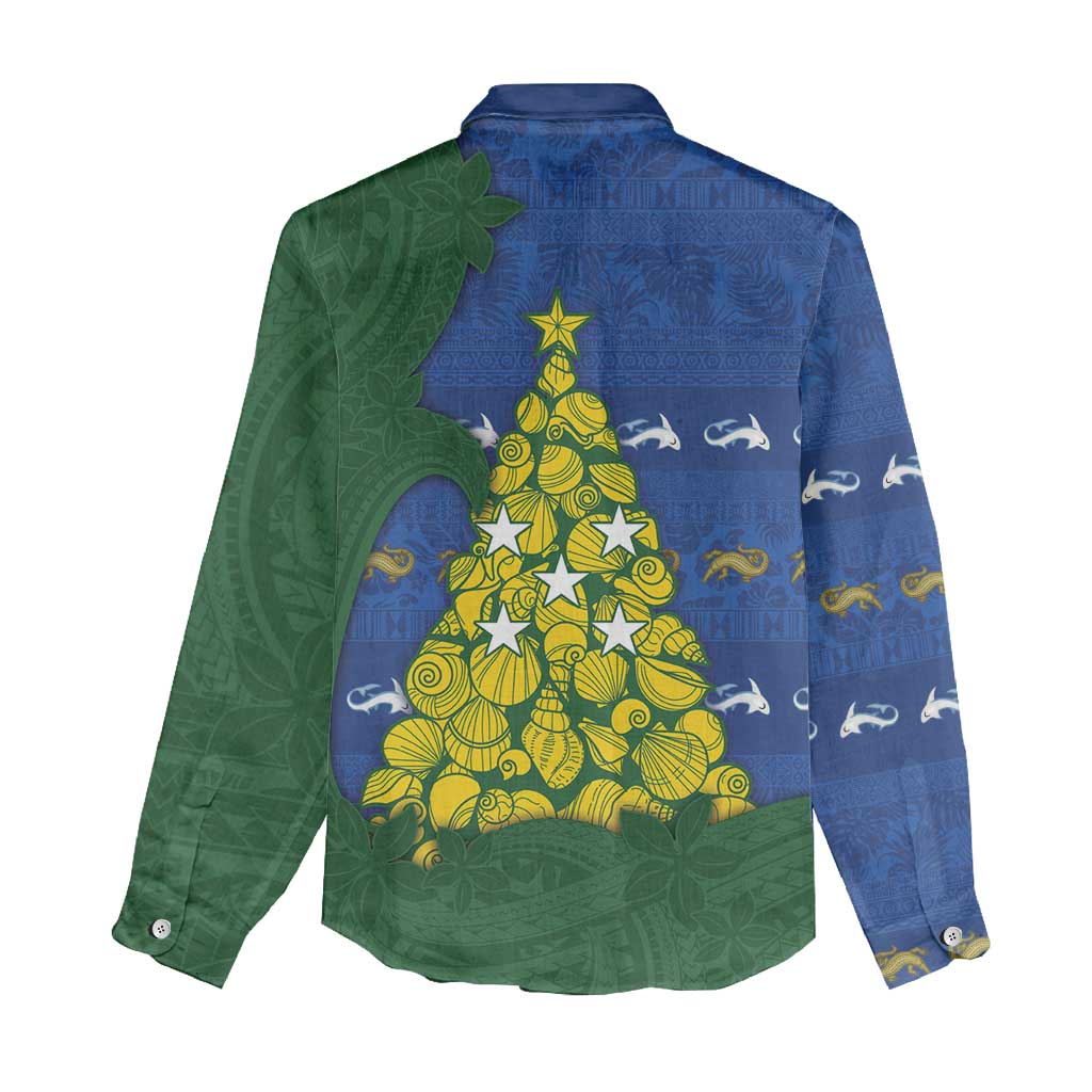 Solomon Islands Christmas Women Casual Shirt Seashell Xmas Tree Tribal Waves - Polynesian Pride