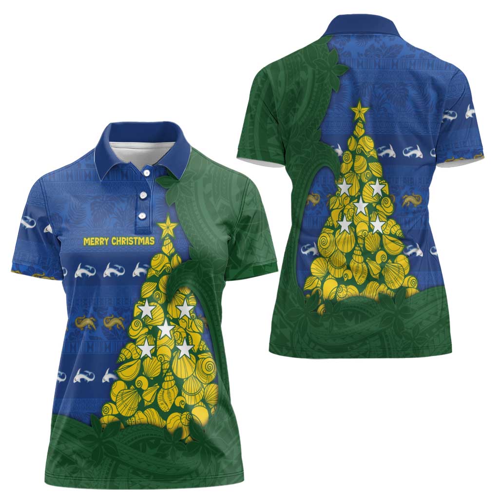 Solomon Islands Christmas Women Polo Shirt Seashell Xmas Tree Tribal Waves DT05 - Polynesian Pride