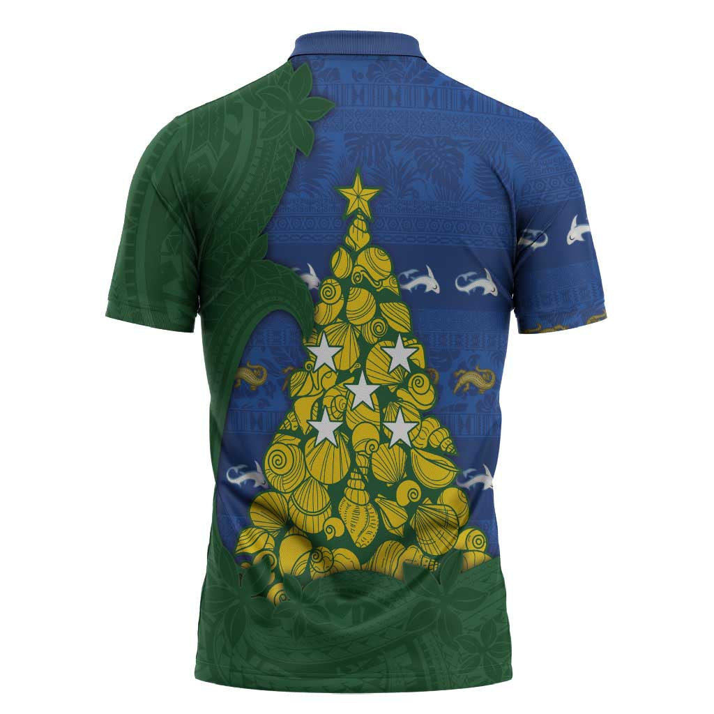 Solomon Islands Christmas Zipper Polo Shirt Seashell Xmas Tree Tribal Waves - Polynesian Pride