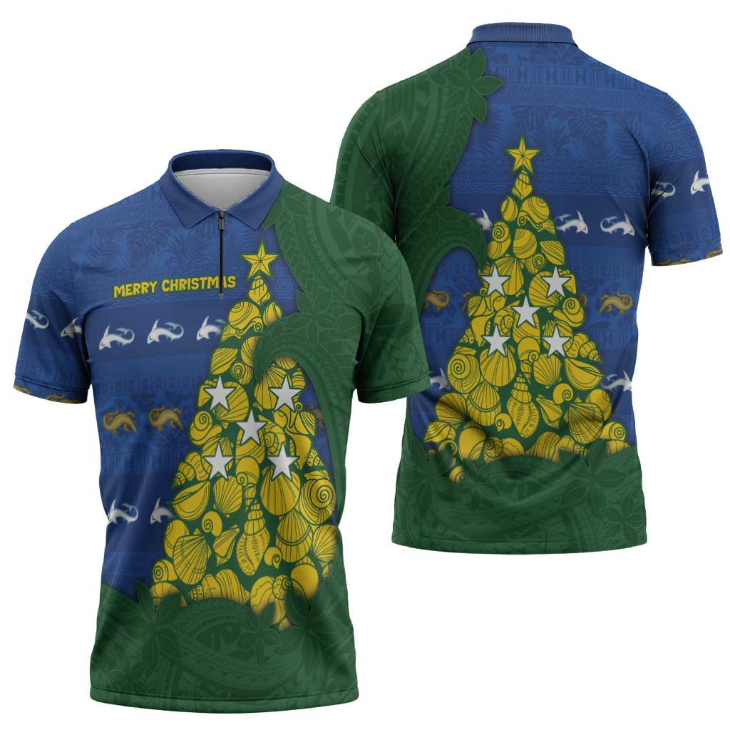 Solomon Islands Christmas Zipper Polo Shirt Seashell Xmas Tree Tribal Waves - Polynesian Pride