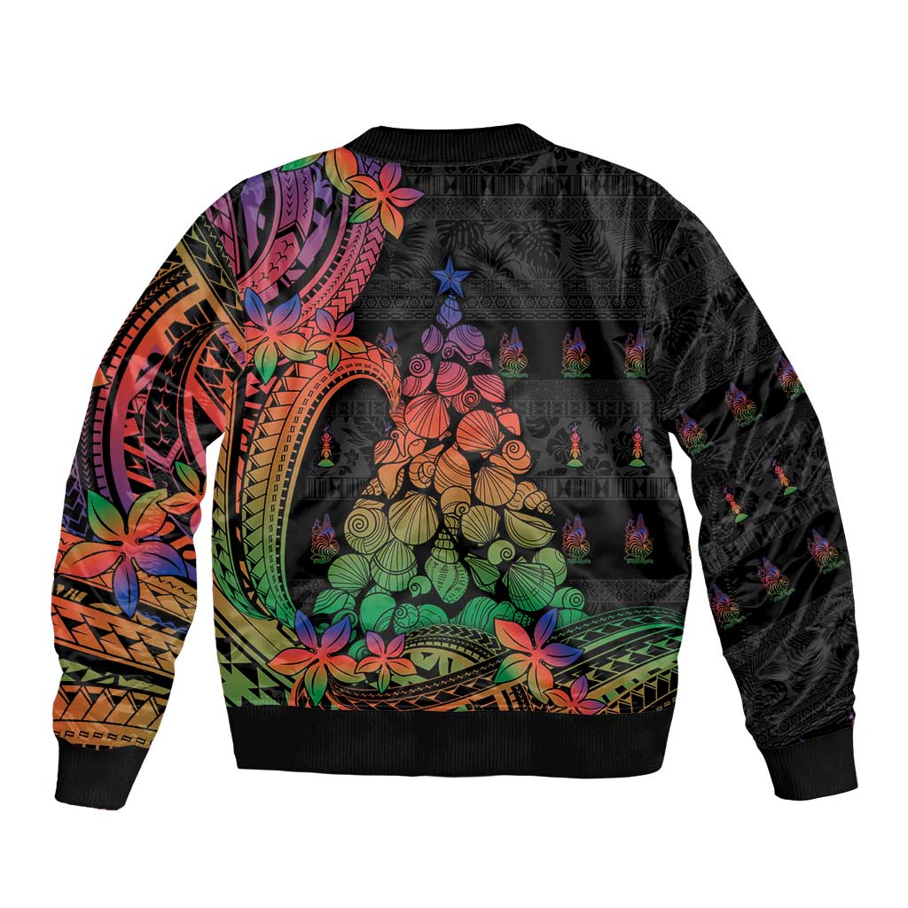 New Caledonia Christmas Bomber Jacket Seashell Xmas Tree Tribal Waves - Polynesian Pride