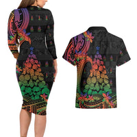 New Caledonia Christmas Couples Matching Long Sleeve Bodycon Dress and Hawaiian Shirt Seashell Xmas Tree Tribal Waves - Polynesian Pride