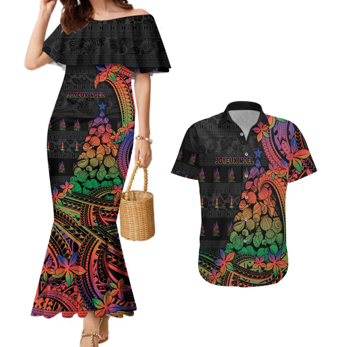New Caledonia Christmas Couples Matching Mermaid Dress and Hawaiian Shirt Seashell Xmas Tree Tribal Waves - Polynesian Pride