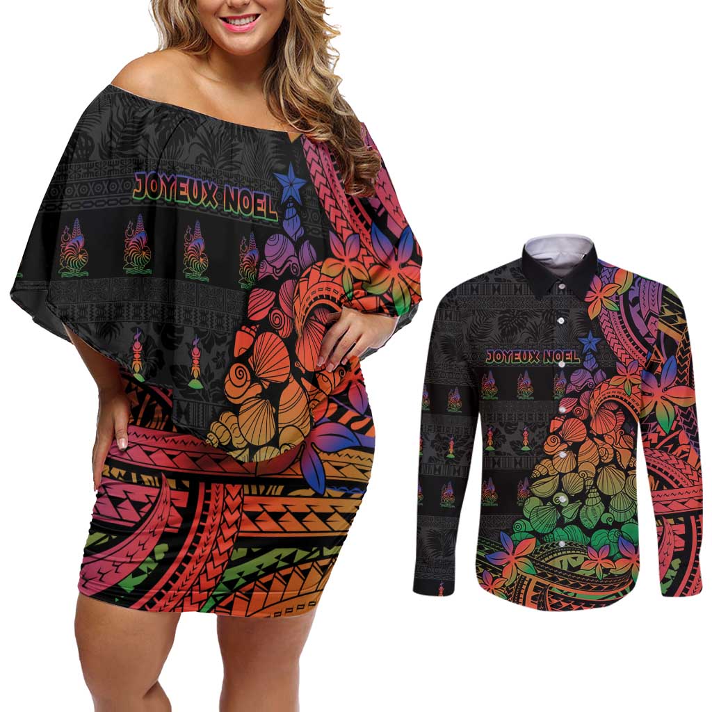 New Caledonia Christmas Couples Matching Off Shoulder Short Dress and Long Sleeve Button Shirt Seashell Xmas Tree Tribal Waves - Polynesian Pride