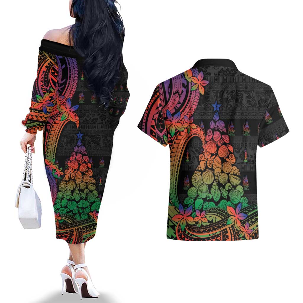 New Caledonia Christmas Couples Matching Off The Shoulder Long Sleeve Dress and Hawaiian Shirt Seashell Xmas Tree Tribal Waves - Polynesian Pride