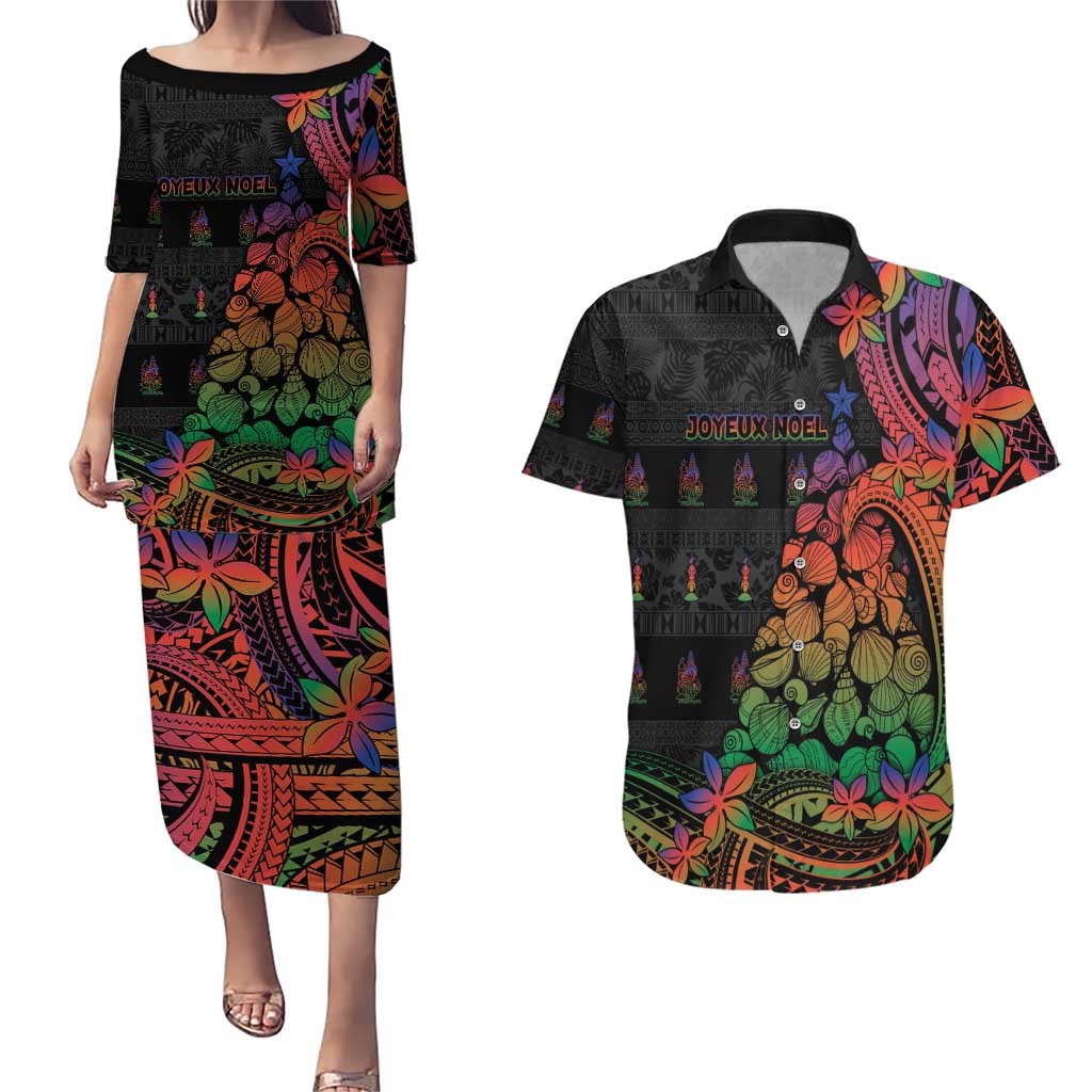 New Caledonia Christmas Couples Matching Puletasi and Hawaiian Shirt Seashell Xmas Tree Tribal Waves - Polynesian Pride