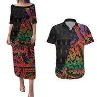 New Caledonia Christmas Couples Matching Puletasi and Hawaiian Shirt Seashell Xmas Tree Tribal Waves - Polynesian Pride
