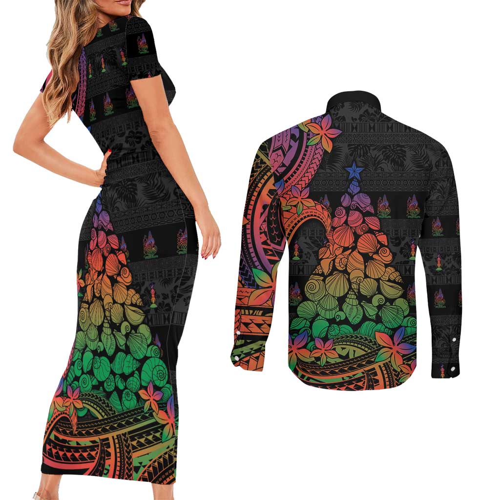 New Caledonia Christmas Couples Matching Short Sleeve Bodycon Dress and Long Sleeve Button Shirt Seashell Xmas Tree Tribal Waves - Polynesian Pride