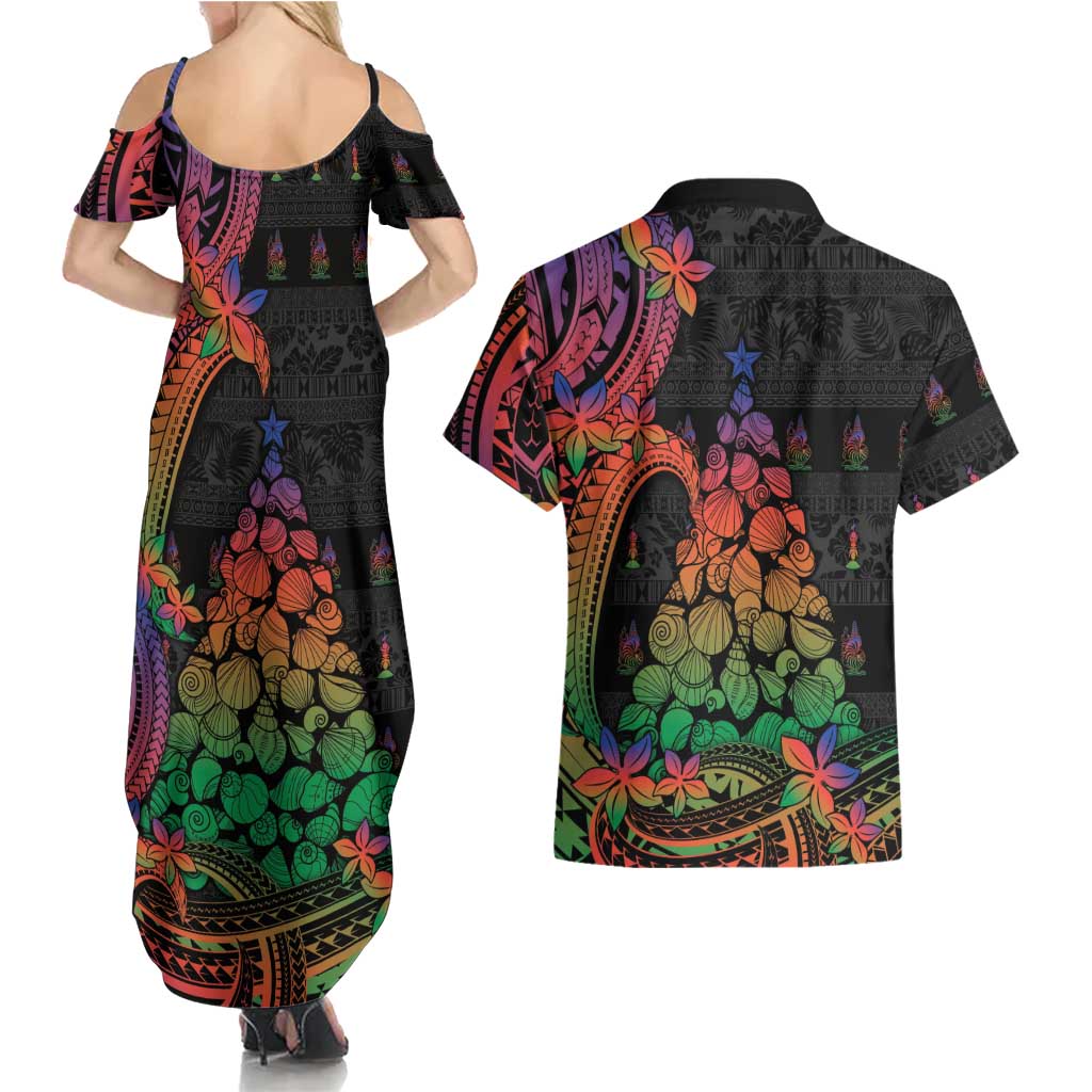 New Caledonia Christmas Couples Matching Summer Maxi Dress and Hawaiian Shirt Seashell Xmas Tree Tribal Waves - Polynesian Pride