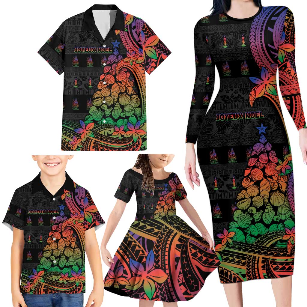 New Caledonia Christmas Family Matching Long Sleeve Bodycon Dress and Hawaiian Shirt Seashell Xmas Tree Tribal Waves DT05 - Polynesian Pride