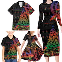 New Caledonia Christmas Family Matching Long Sleeve Bodycon Dress and Hawaiian Shirt Seashell Xmas Tree Tribal Waves DT05 - Polynesian Pride
