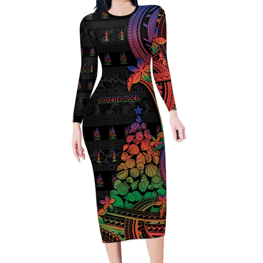 New Caledonia Christmas Family Matching Long Sleeve Bodycon Dress and Hawaiian Shirt Seashell Xmas Tree Tribal Waves DT05 Mom's Dress Black - Polynesian Pride