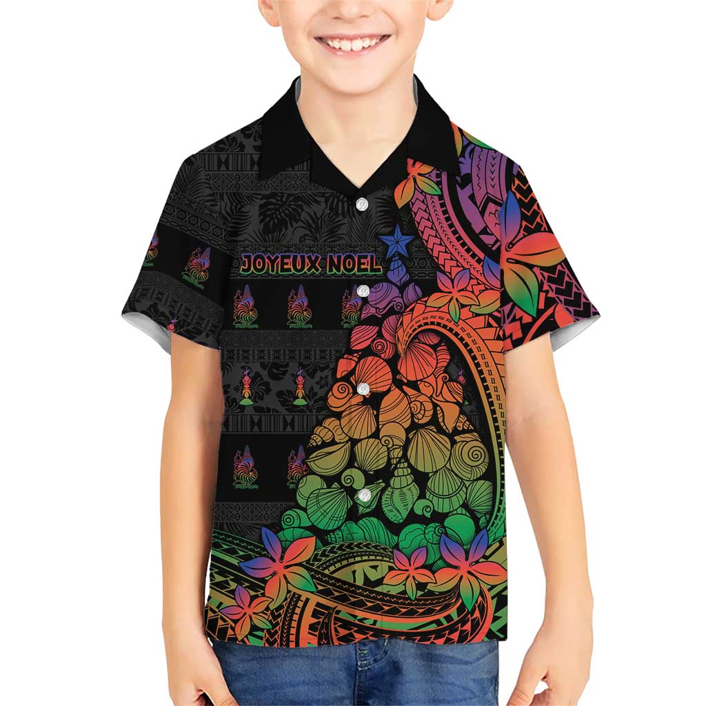 New Caledonia Christmas Family Matching Long Sleeve Bodycon Dress and Hawaiian Shirt Seashell Xmas Tree Tribal Waves DT05 Son's Shirt Black - Polynesian Pride