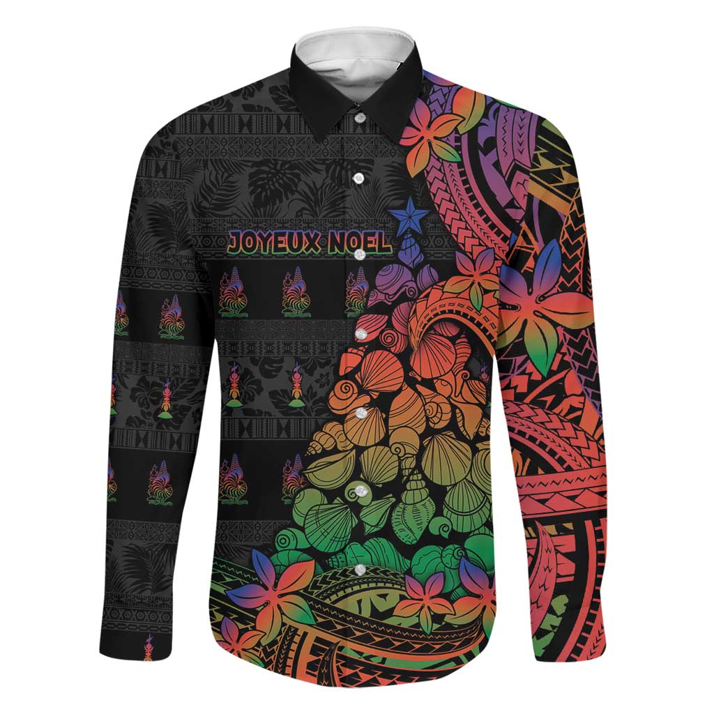 New Caledonia Christmas Family Matching Mermaid Dress and Hawaiian Shirt Seashell Xmas Tree Tribal Waves DT05 Dad's Shirt - Long Sleeve Black - Polynesian Pride
