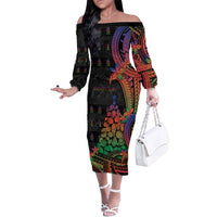 New Caledonia Christmas Family Matching Off The Shoulder Long Sleeve Dress and Hawaiian Shirt Seashell Xmas Tree Tribal Waves DT05 Mom's Dress Black - Polynesian Pride