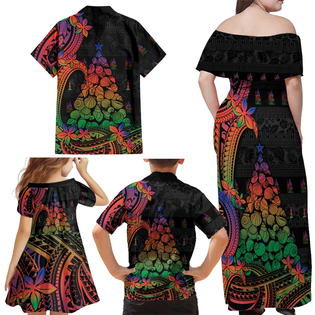 New Caledonia Christmas Family Matching Off Shoulder Maxi Dress and Hawaiian Shirt Seashell Xmas Tree Tribal Waves DT05 - Polynesian Pride