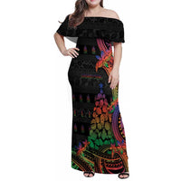 New Caledonia Christmas Family Matching Off Shoulder Maxi Dress and Hawaiian Shirt Seashell Xmas Tree Tribal Waves DT05 Mom's Dress Black - Polynesian Pride